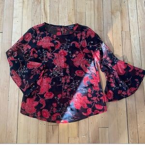 Roz & Ali Beautiful Sheer Black Red Floral Tunic Blouse NWOT